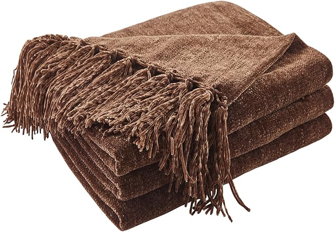 CozeCube Chenille Throw Blanket, Dark Brown Fringe Blanket, 60"X80" | For Couch, Cozy Plush Fuzzy Decorative Blanket with Fringe Tassels, Lightweight Throws for Bed Sofa Gift Home Decor