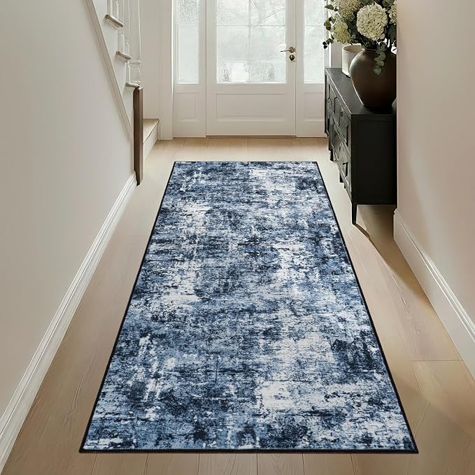 Rugflix 2x8 Runner Rug for Entryway, Washable Navy Blue Runners | Machine Washable; Stain-Resistant; Low Pile; Non-Slip; Modern Abstract; Black Carpet for Entrance Kitchen Hallway Home