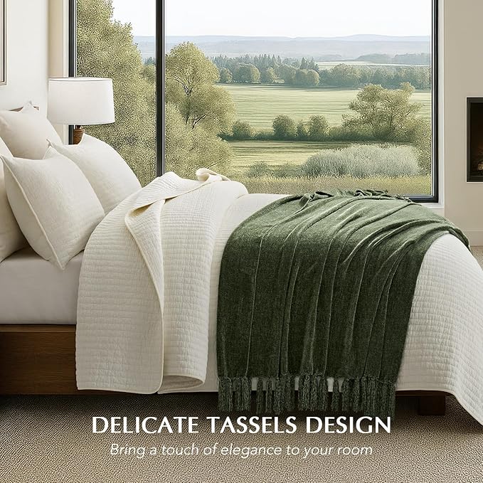 Chenille Knit Throw Blanket for Couch, 60"x80", Olive Green | Cozy Plush Fuzzy Knittd Throw with Tassels, Lightweight, Decorative, Farmhouse Decor, Ideal for Bed Sofa Gift, All Seasons