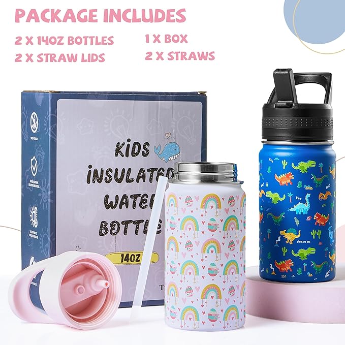 2 Pack Kids Water Bottle,14oz Stainless Steel Insulated Water Tumbler Leak-Proof,School Water Mug,Small and Portable,Suitable for Boys and Girls to Use(Blue dinosaur + White rainbow)