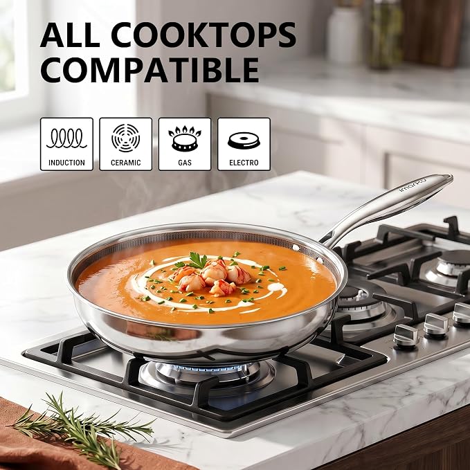 imarku Non Stick Frying Pan Set with Lids, PFOA Free 8/10/12 Inch Skillets | 6 Pcs Ceramic-Coated Hybrid Stainless Steel Cookware Set, Dishwasher Friendly, Oven Safe, Induction Ready, for Men & Women