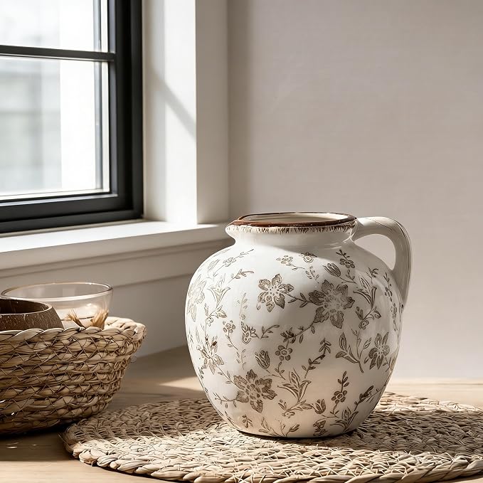 5.39 Inch Vintage Brown Chinoiserie Floral Vase, Antique Rustic Ceramic Vase for Home Decor, Living Room, Bookshelf, Office, Entryway, Garden, Chinoiserie Decor, Tuscan Decor
