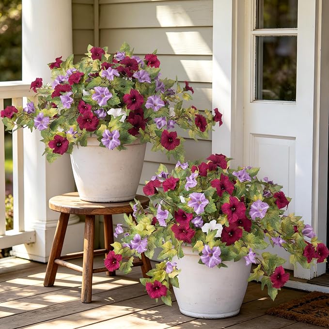 Ammyoo Artificial Fall Flowers Fake Petunias Plants for Outdoor Decoration | 4 Pcs UV Resistant Faux Silk Flowers No Fade Floral for Garden Balcony Yard Porch Realistic Indoor Decor (Burgundy Purple)