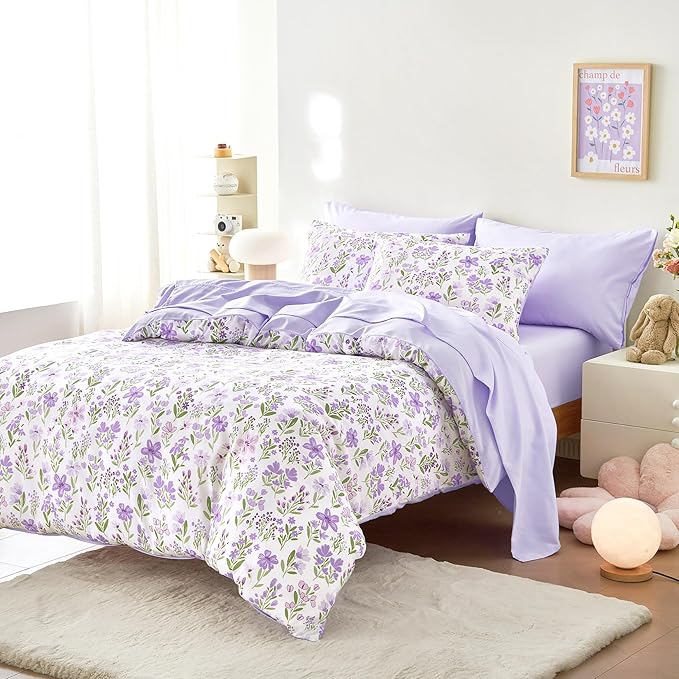 Wake In Cloud - Floral Bedding Set for Girls, Cute Colorful Botanical Flowers Patterned Soft Lightweight Comforter Set with Sheets, 7 Pieces Kids Bed in a Bag, Purple White, Full Size