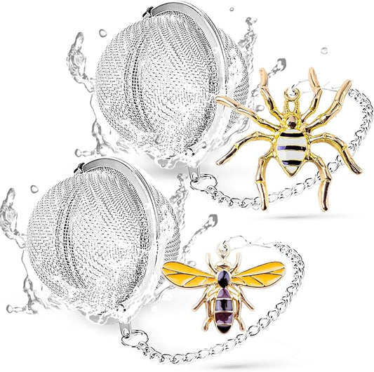 Tea Infuser 2 pcs TeaSanavie Tea Strainer Handmade Honey Bee & Spider Loose Leaf Tea Steeper Tea Ball with Bee Charm Pendant Tea Infusers for Loose Tea