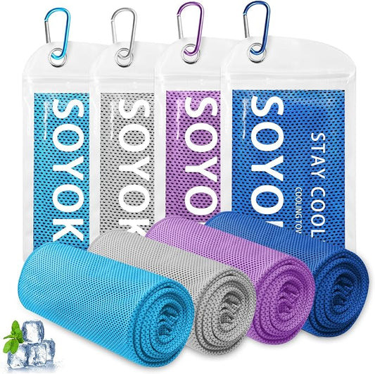 SOYOK 4 Packs Cooling Towels, 40" x 12" Microfiber Cooling Towels for Neck and Face, Soft Breathable for Working Out with Waterproof Bag & Carabiner, Suit for Climb,Travel, Running,Yoga