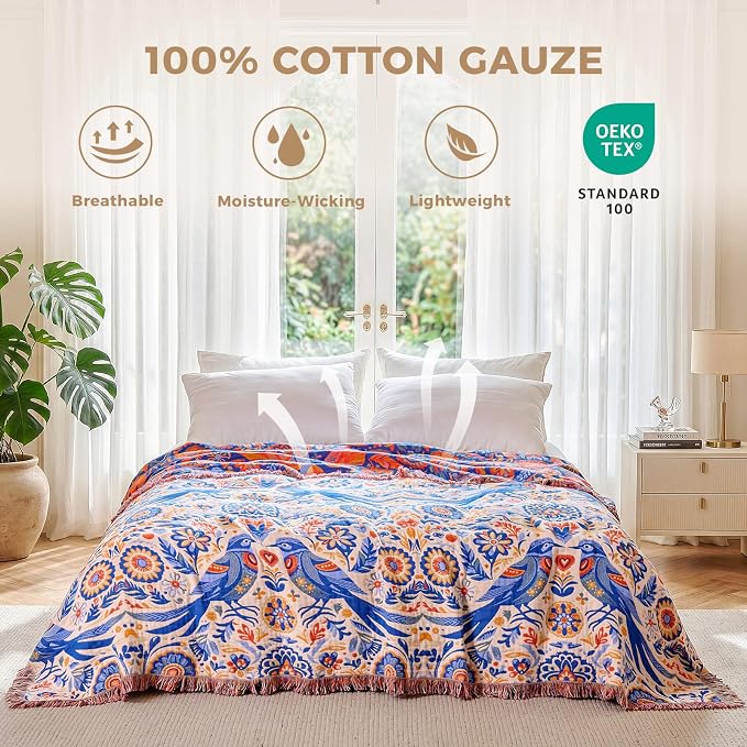 LUTBM Boho Throw Blanket for Bed 60"x80", All Season Cotton Couch Blankets | Reversible Floral Bird Jacquard, Muslin Gauze Twin Quilt, Lightweight & Breathable, For Chair Sofa Bedroom Living Room Decor
