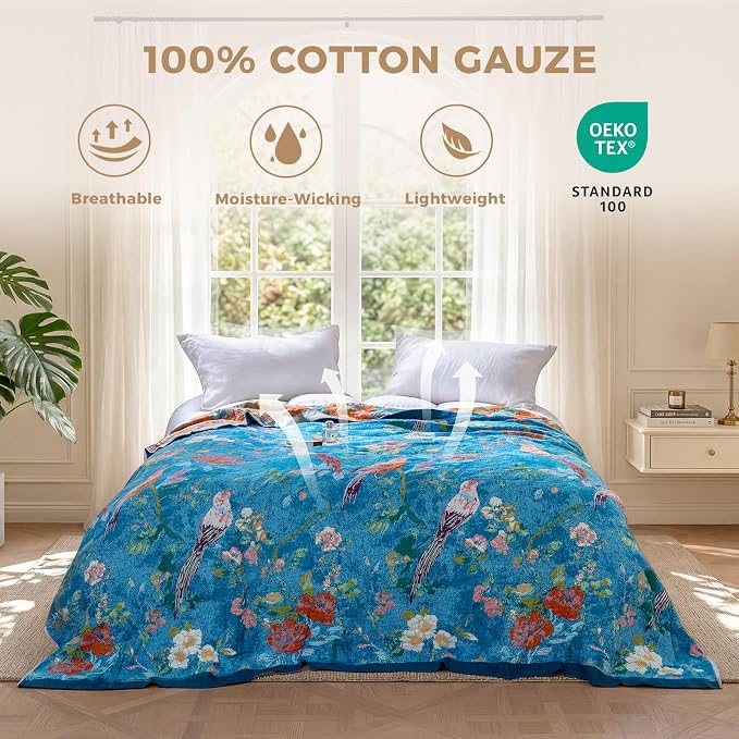 LUTBM Boho Throw Blanket for Bed 60"x80", All Season Cotton Couch Blankets | Blue Reversible Floral Birds Jacquard, All-Season Lightweight Twin Quilt, For Chair Sofa Bedroom Living Room, Home Decor