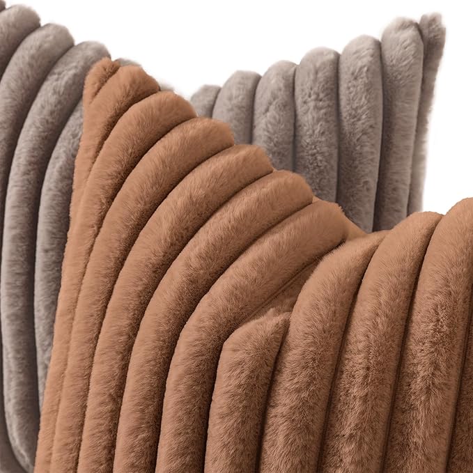 decorUhome Fall Faux Fur Throw Pillow Covers 16x16 Set of 2 Brown | Decorative Soft Cozy Striped Plush Modern Farmhouse Boho Couch Pillow Cases Velvet Back for Sofa Bed Living Room Home Decor