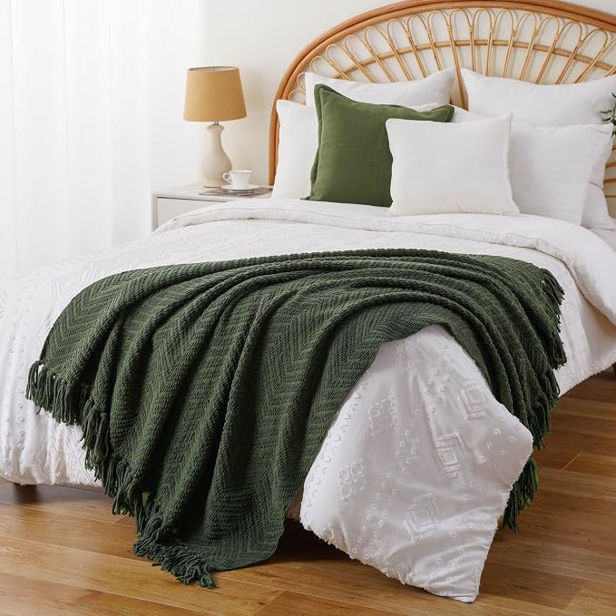 BATTILO HOME Olive Green Chenille Throw Blanket for Bed, 50" x 60" | Knit Throw Blanket, Super Soft Warm Home Decor Throw Blanket with Tassels for Couch,Sofa and Living Room