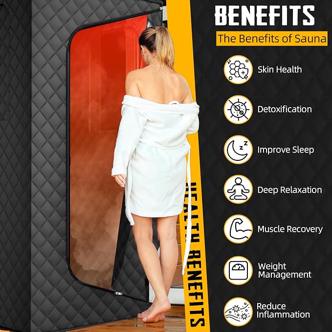 ouluu Portable Sauna with Red Light - Steam Sauna for Home, Folding Chair, Remote Control, 2.6’ x 2.6’ x 6.0’, Black