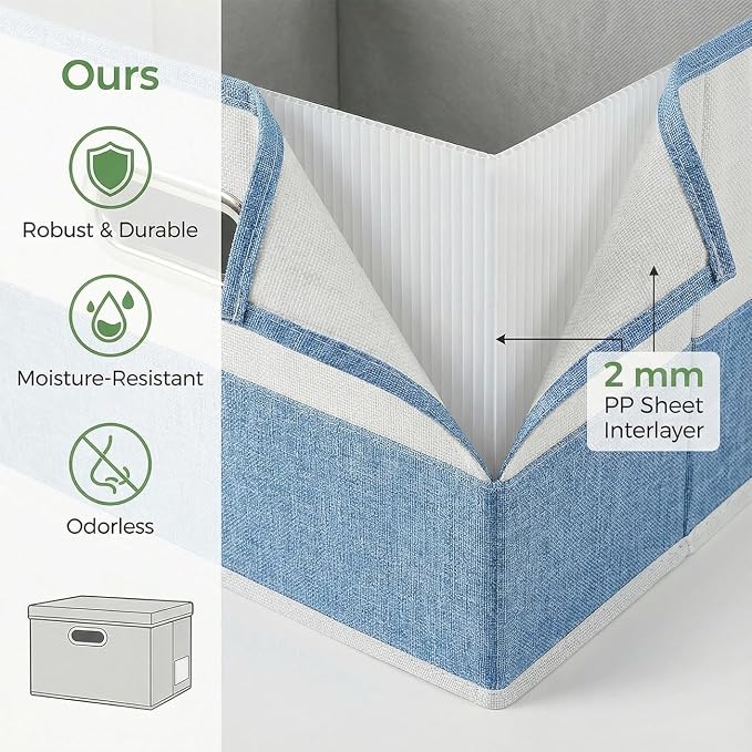 Storage Bins with Lids [3-Pack] Linen Fabric Foldable Storage Boxes Organizer Containers Baskets Cube with Cover for Bedroom Closet Office Blue&White（11.4X8.6X6.7