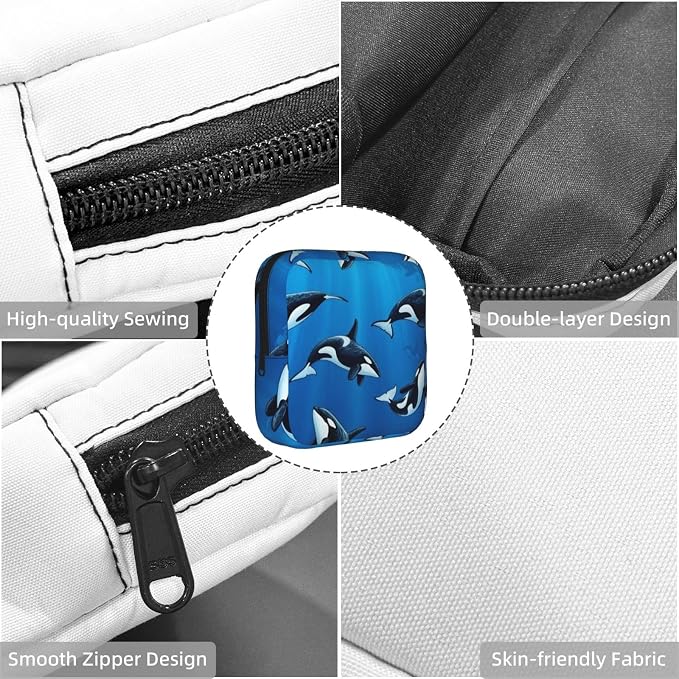 Portable Menstrual Organizer Bag Killer Whales Orcas Ocean Sea Animals, Polyester Feminine Product Pouch, Compact for Purse Outdoor Travel Gifts