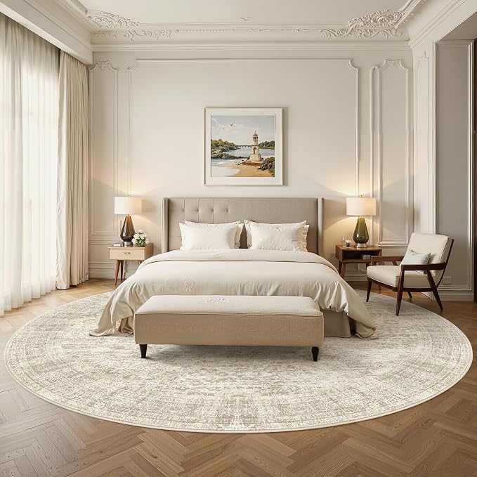 Soalmost Round Rugs 8ft Living Room Circle Area Rug 8x8 Beige Vintage | Washable Non Slip Indoor Carpet for Apartment, Dining Bedroom, Soft Low Pile Stain Resistant Foldable Floor Mat Entryway