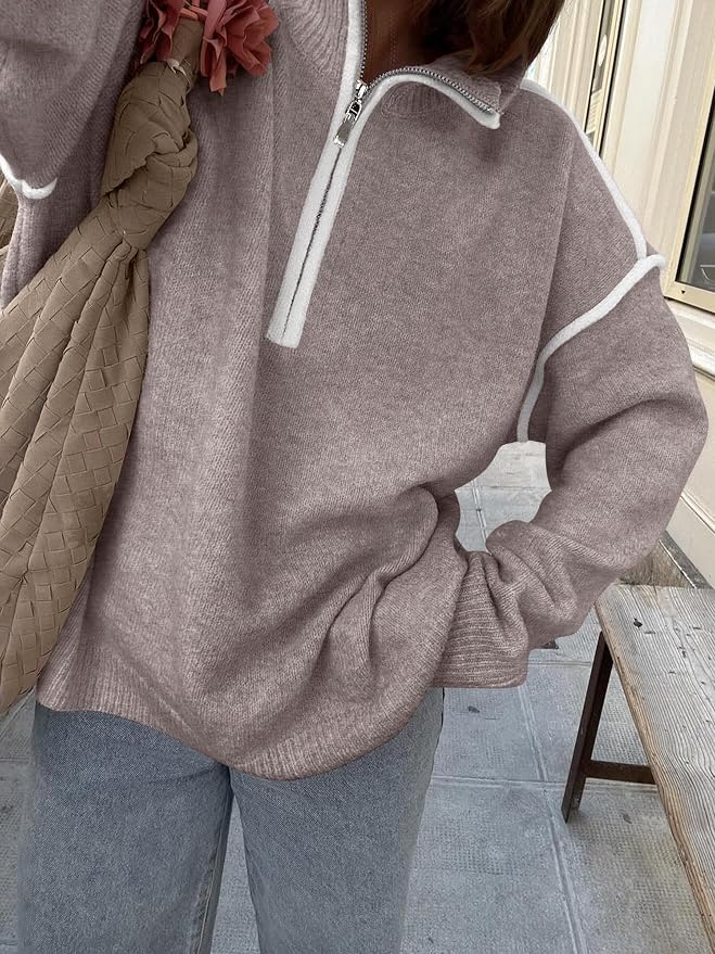 ANRABESS Womens Quarter Zip Sweaters Fall Long Sleeve V Neck Shirts Collared Business Casual Tops Knit Pullover Sweatshirts
