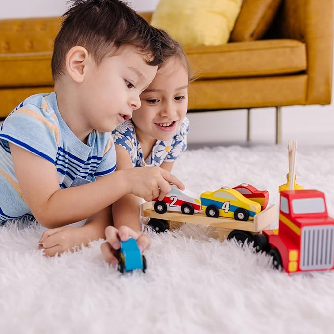 Melissa & Doug Magnetic Car Loader Wooden Toy Set with 4 Cars and Toy Truck - Pretend Play and Race Car Fun for Preschool Toys, Ages 3+