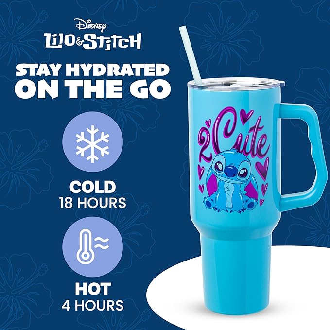 Silver Buffalo Disney Lilo and Stitch “2 Cute” Double Walled Stainless Steel Tumbler with Handle, Fits in Standard Cup Holder, 40 Ounces