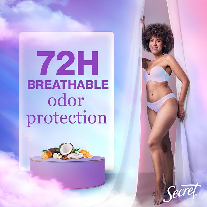 Secret Fresh Antiperspirant Deodorant for Women,72hr Breathable Sweat & Odor Protection,Instant Freshness & Gentle,PH Balancing Minerals,Invisible Solid,Cocoa Butter Scent,2.6 oz,(Pack of 2)