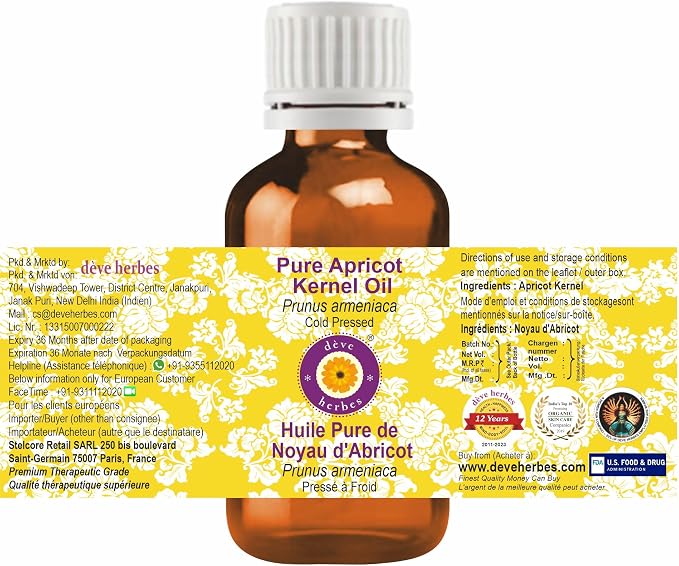 Deve Herbes Pure Apricot Kernel Oil (Prunus armeniaca) Cold Pressed 100ml (3.38 oz)