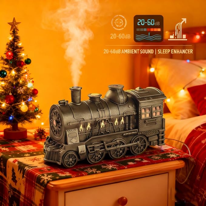 Train Diffuser, 300ml Vintage Steam Train Essential Oil Diffuser, 2 Color LED Dual Mist Modes Christmas Train Air Diffuser Aromatherapy Humidifier with Remote Control, 2/8 Hours Auto Shut-Off