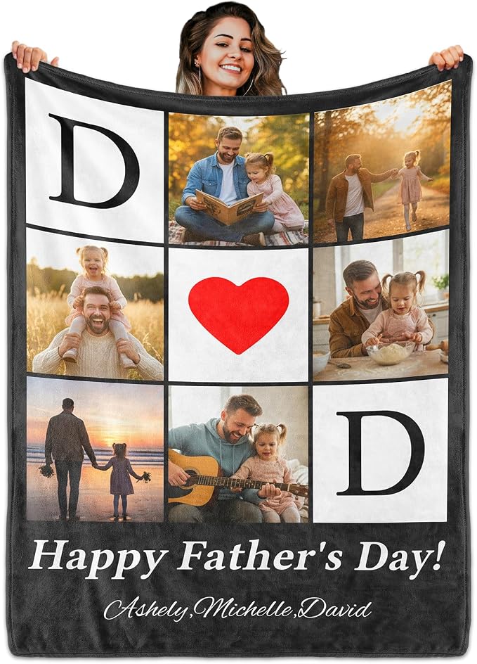Fathers Day Birthday Gift for Dad Custom Blanket with 6 Photo & Text, Personalized Blankets with Picture to My Dad, HD Printing Customized Flannel Throw Blanket Gifts for Best Daddy Grandpa Ever