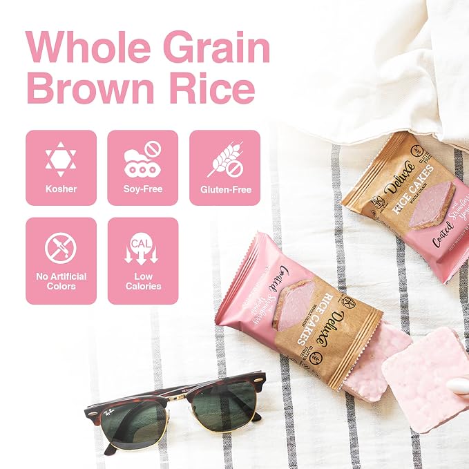 Deluxe & Bla Bla Rice Cakes 12 Pack – Whole Grain, Gluten-Free, Kosher, Low-Calorie Snack – Coated with Strawberry Yogurt – Healthy & Crunchy Treat – Individually Wrapped, (19g Each)