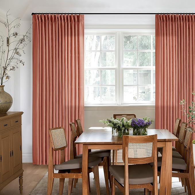 Pleated Farmhouse Firebrick Linen Curtains 102 Inches Long for Living Room | Pinch Pleat Drapes with Hooks Rings for Track System, Light Filtering for Bedroom Sliding Patio Door, 2 Panels W40xL102