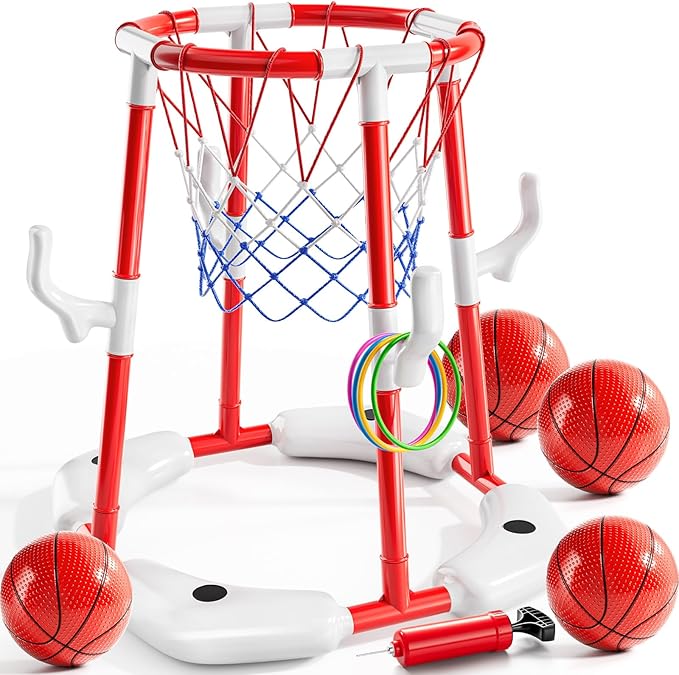 Pool Basketball Hoop, 2-in-1 Floating Pool Toys Ring Game with 4 Balls and Pump, Outdoor Swimming Pool Basketball Games Water Play Toy Family Party for Kids Adults Age 3-12 (Red)