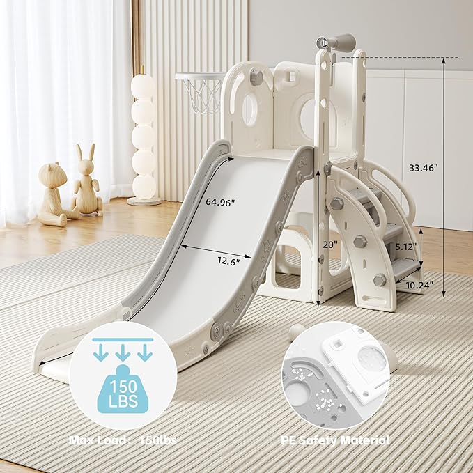 6 in 1 Toddler Slide, Indoor Outdoor Playground for Kids 1-3, Baby Slide with Basketball Hoop, Storage, Climber and Telescope,Gray White