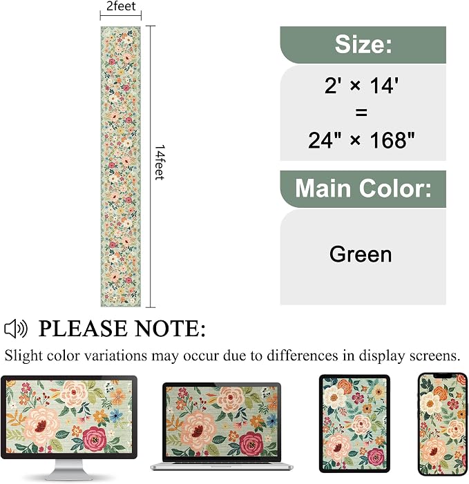 DUKINO 2x14 Runner Rug, Washable Long Kitchen Runner Rug Non Slip, Green | Floral, Low Pile, Soft Indoor Runner Rug for Hallway, Entryway, Bedroom, Bathroom, Laundry, Pet Friendly, Modern Home Decor