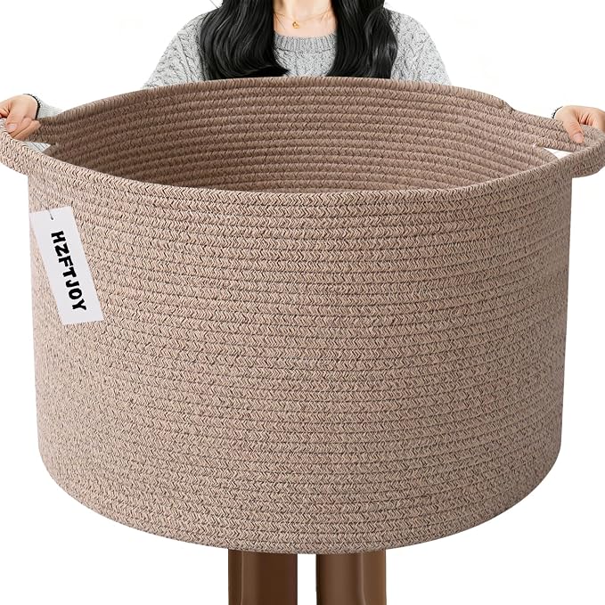 115L Large Blanket Basket,Woven Rope Laundry Basket-Brown | Collapsible, reinforced handles, nursery storage bin organizes clothes, toys and pillows for living room, bedroom bathroom.