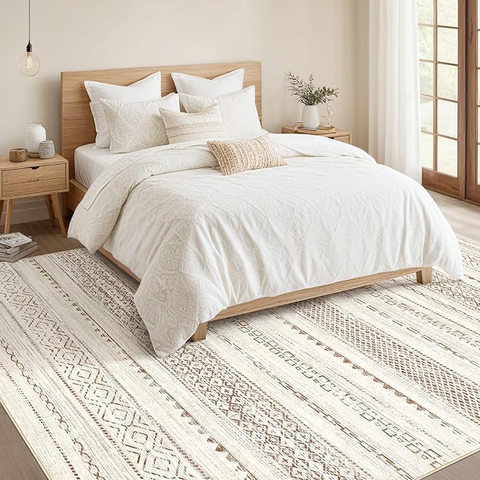 Nakagishi Boho 9x12 Area Rug Living Room Rugs Machine Washable Brown | Soft, Pet & Kid Friendly, Carpet for Living Room/Bedroom/Office/Kitchen/Nursery, Daily Home Decor Stain Resistant Moroccan