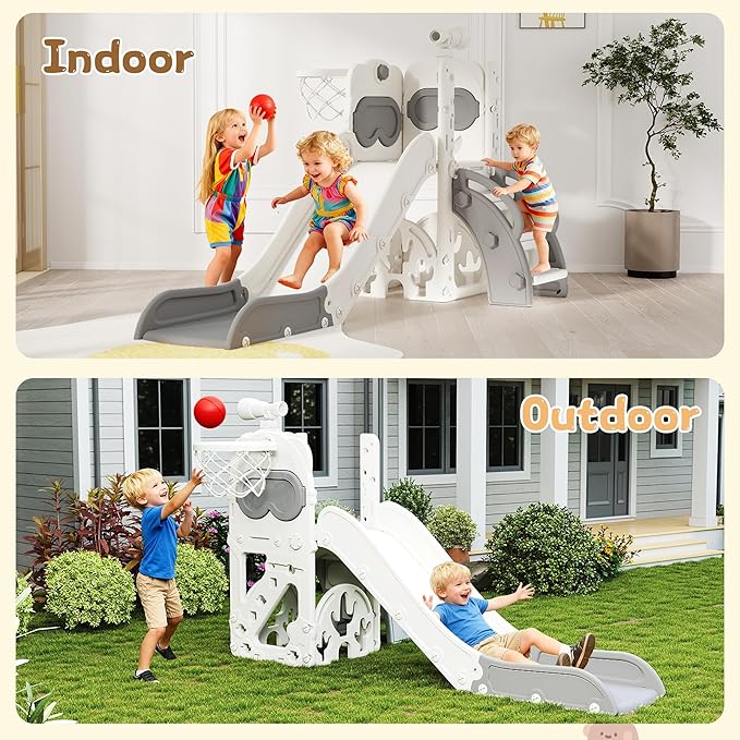 8-in-1 Toddler Slide, Indoor Slide for Toddlers Ages 1-3 and Indoor/Outdoor Play Set Playground with Storage, Climber, Telescope, Golf Set, Drawing Set, Basketball Hoop Bear Theme