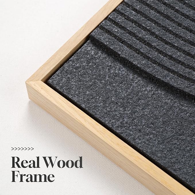 3D Textured Framed Neutral Abstract Geometric Wall Art Set of 3, 16 x 24 In | Solid wood frame, sculptural linework, black, beige and white palette, modern minimalist boho decor for living room bedroom