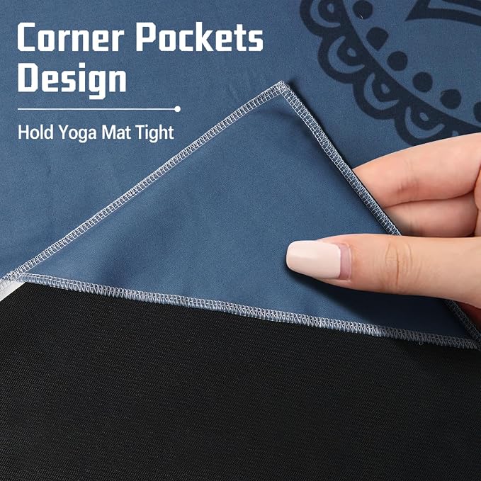 Yoga Mat Towel, Hot Yoga Non Slip with 4 Corner Pockets, 74 x 26 in | Soft Absorbent Microfiber With Four Corner Pockets, Fits Over Yoga Mats For Hot Yoga, Pilates, Gym, And Travel
