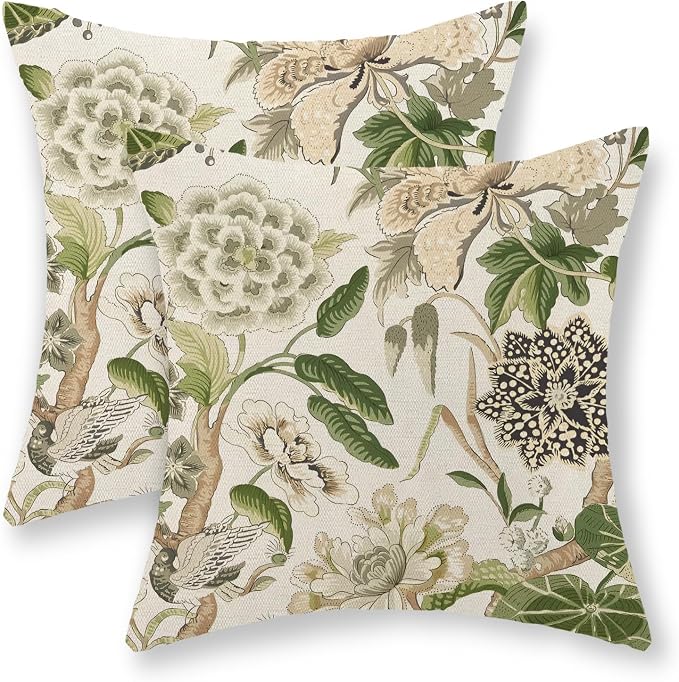 Green Pillow Covers 16x16 Inch Set of 2 Vintage Green Floral Throw Pillows Chinoiserie Flower Decorative Pillow Cases Outdoor Linen Farmhouse Cushion Covers for Couch Sofa Decorations