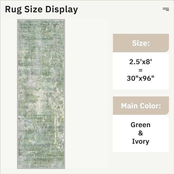 Soalmost Runner Rug 2'6"x8' Kitchen Hallway Runners Abstract Green/Ivory | Washable Non-Slip 2.5x8ft Carpet Entryway Bathroom, Low Pile Vintage Foldable Floor Mat for Corridor Laundry Room Bedroom