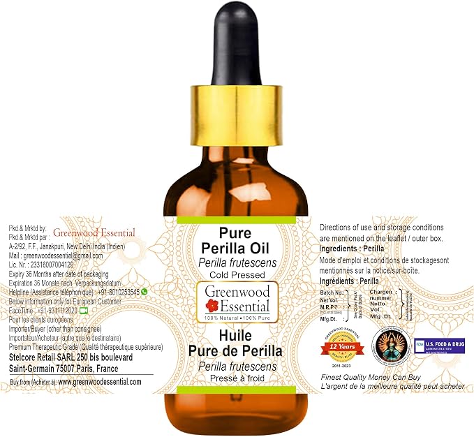 Greenwood Essential Perilla Oil (Perilla frutescens) with Glass Dropper | Cold Pressed | Natural | Undiluted | For Diluting Essential Oils | For Skin & Massage | Men & Women | 5ml (0.16 oz)