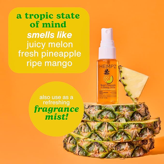 Hempz Tropical Hydrating Body Mist Spray, Sweet Pineapple & Honey Melon, Lightweight Moisturizing Fragrance, Vacation Essential, Travel Size Moisturizer, 1 fl.oz.