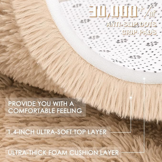 OLANLY Beige Round Rugs for Bedroom - Machine Washable, 9 ft Circle Area Rugs for Living Room, Soft and Fluffy Shaggy Carpet for Teen Girls and Boys, Nursery Rooms, Dorms, Home Decor Aesthetic