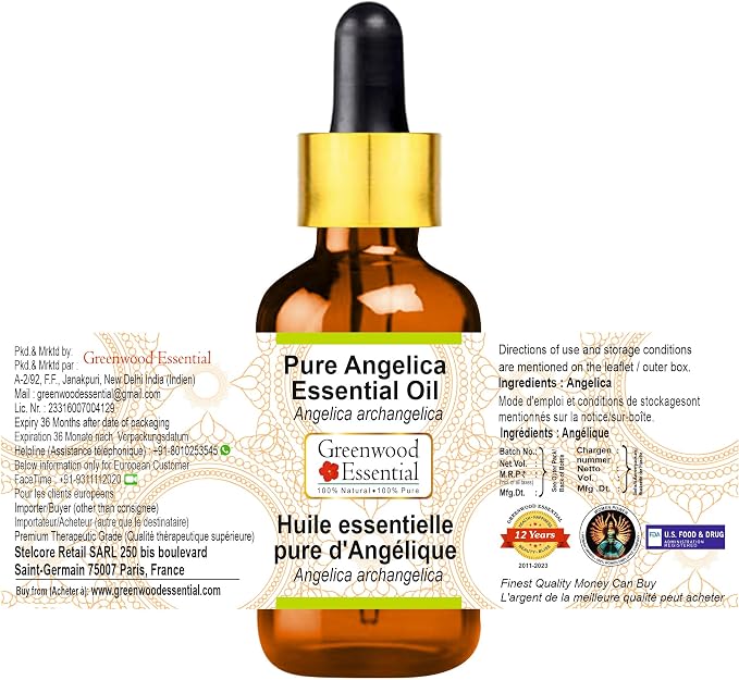 Greenwood Essential Angelica Essential Oil (Angelica archangelica) with Glass Dropper | Pure | Non-Sticky | Non-Greasy | Lightweight | Men & Women | All Skin Types | Steam Distilled 5ml (0.16 oz)