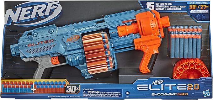Nerf Elite 2.0 Shockwave RD-15 Dart Blaster, 30 Nerf Elite Darts, 15-Dart Rotating Drum, Kids Outdoor Toys for 8 Year Old Boys & Girls and Up (Amazon Exclusive)
