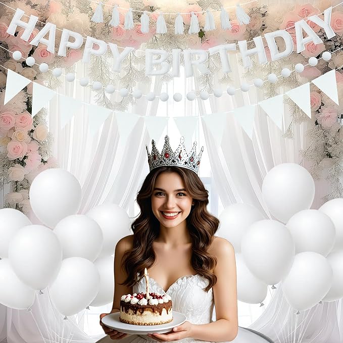 Elegant White Themed Birthday Decoration Set, White Pre-Strung 3D Felt Happy Birthday Banners, Pom-Pom Garland, Party Pennant Felt Banner Flags, Tassel Garland, Balloons, Reusable Party Decor,Photo Prop