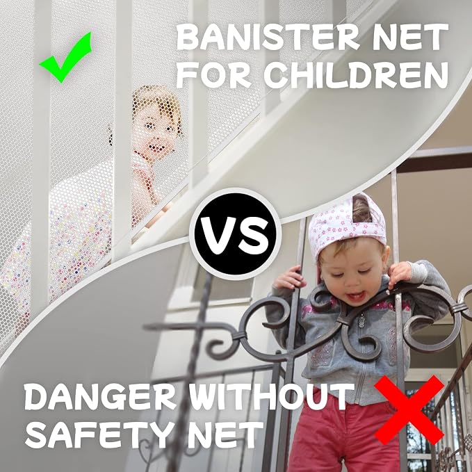 Banister Guard for Baby, Balcony Netting for Pets, 15ft x 3ft, Baby Safety Stairs Rail Net Provides Your Baby with a Environment, Baby Stair Net Fit for Child, Small Pet, Toy - White