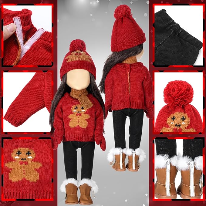 6 Pcs Christmas 18 Inch Doll Clothes and Accessories Winter Outfits Set Sweaters Trousers Hats Shoes for 18 Inch Doll Gift(Red,Gingerbread)