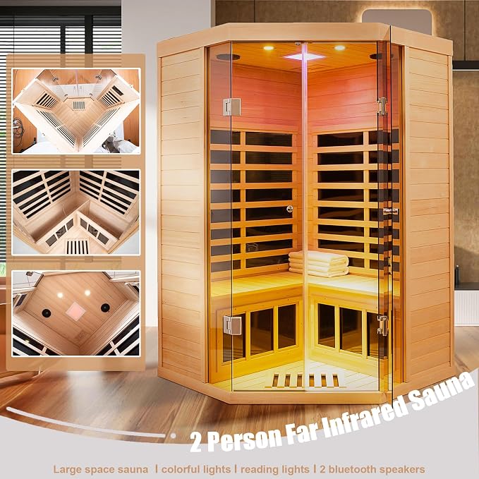 2 Person Far Infrared Sauna 0-5mG Ultra Low EMF 1520W Indoor Sauna Canadian Hemlock Wood Sauna for Home with APP Control, LCD Control Panel, Chromotherapy Lights, Constant Temperature Cover