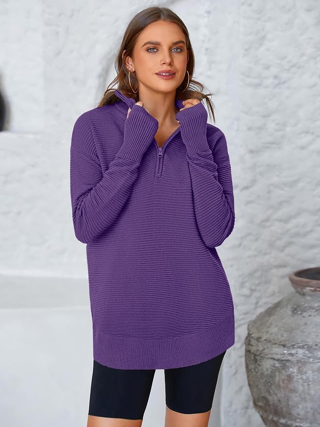 PRETTYGARDEN Womens Long Sleeve Quarter Zip Pullover Sweater Casual Loose V Neck Collared Ribbed Knit Jumper Tops Thumb Hole