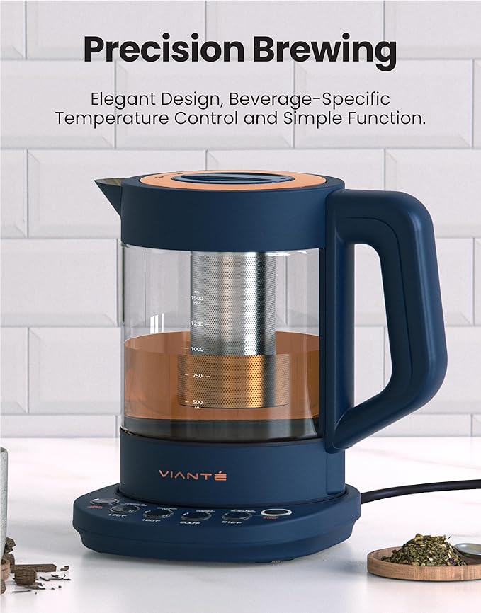 Viante Alba Electric Tea Kettle with Infuser, No Plastic In Contact With Water, 1.5L Borosilicate Glass, 304 Stainless Steel, 4 Temp Presets, Keep Warm, Cordless, Auto Shut-Off, Midnight Blue