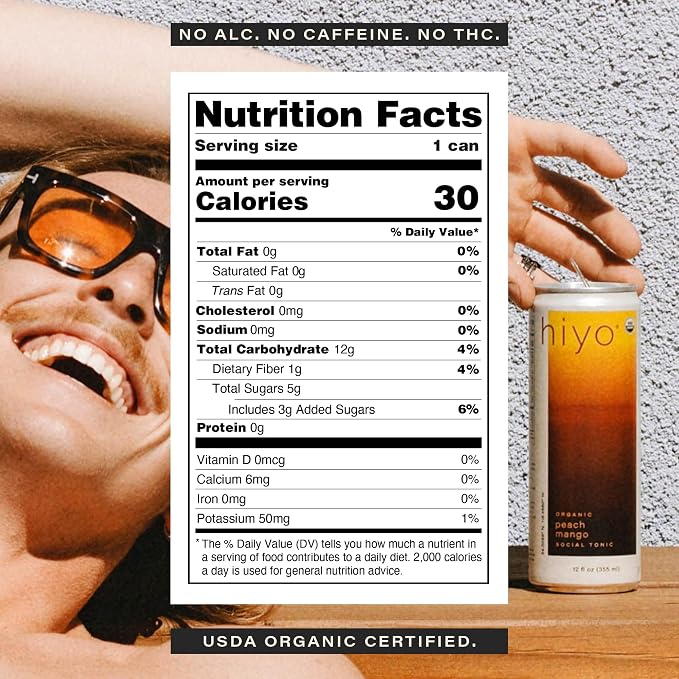 Hiyo Organic Social Tonic - Peach Mango, 12 Pack - N.A. Functional Seltzer, Sparkling Water Crafted with Organic Adaptogens, Nootropics & Botanicals