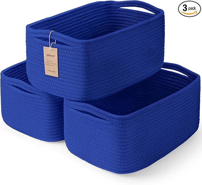 3 Pack Small Storage Baskets for Organizing, 11.8×7.8×5.1", Klein Blue | Woven Baskets for shelves, Cotton Rope Basket for Gifts Empty, Closet Organizer Bins with Handles, Cube Decorative Box